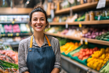 Smiling young woman wearing an apron in a grocery store produce section