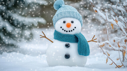 Fototapeta premium Cute snowman wearing a blue knitted hat and scarf in a snowy winter landscape