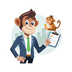Cute Monkey HR Manager Vector Illustration Handing Out Forms, Office Cartoon Character, Human Resources Concept, Business Workplace Clipart, Fun Animal Vector Design