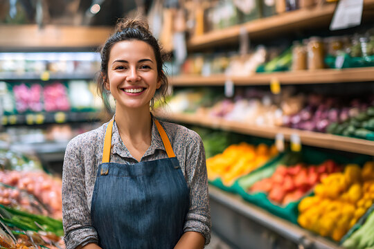Smiling young woman wearing an apron in a grocery store produce section