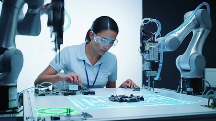 Advanced Manufacturing: An engineer oversees a process where robotic arms assemble micro-components. Holographic guides and precision alignment markers are projected directly onto the work surface by - Powered by Adobe