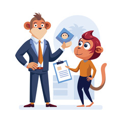 Cute Monkey HR Manager Vector Illustration Handing Out Forms, Office Cartoon Character, Human Resources Concept, Business Workplace Clipart, Fun Animal Vector Design