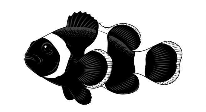 Stylized black and white clownfish illustration isolated on transparent background