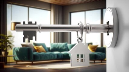 A silver key with a house shaped keychain in a door with a living room background - Powered by Adobe