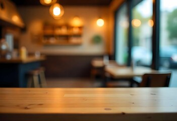 Light wooden caf&eacute; table in foreground with warm blurry caf&eacute; interior in background, copyspace for food, quote, or social media design