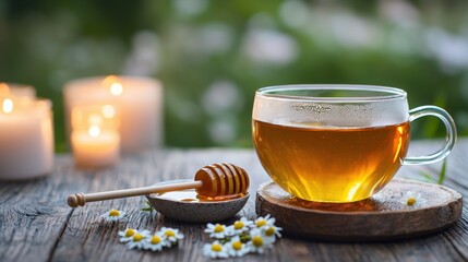 Delicate Glass Teacup with Chamomile Tea and Honey on Rustic Wooden Table Surrounded by Candles