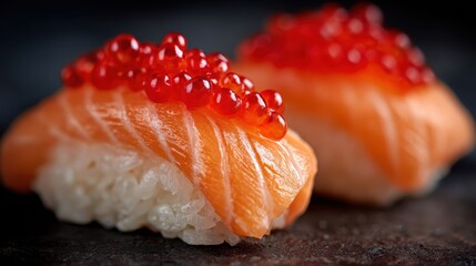 Salmon nigiri topped with vibrant red caviar, presenting delicate japanese culinary artistry against dark minimalist background