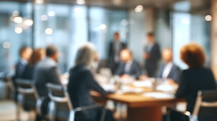 Fototapeta premium Blurred corporate meeting scene showcasing executives in suits seated around a conference table discussing strategy
