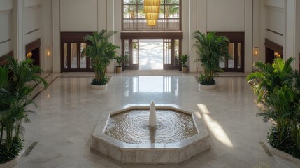 Elegant Grand Entrance of a Beachfront Resort with Palm Trees and Tranquil Water Fountain