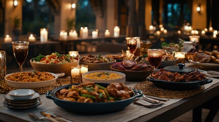 Elegant Setting for Grand Banquet with Delicious Feast Spread on a Beautifully Decorated Table