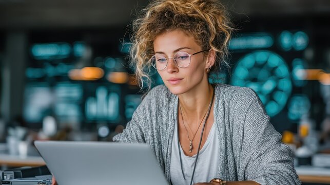 A professional female accountant sitting at a modern office desk, analyzing detailed medical billing data on a laptop and printed spreadsheets.