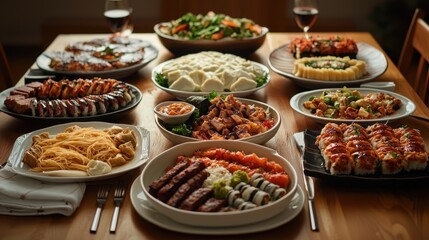 Obraz premium Opulent Feast Setting with Diverse Dishes for Grand Celebratory Event