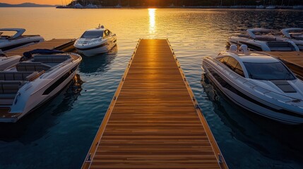 Elegant Wooden Dock Extending Into Crystal Clear Water at Sunset with Boats on Either Side