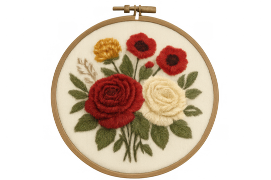 Colorful embroidery of a bouquet of roses, poppies and other flowers in an embroidery hoop, isolated on transparent background