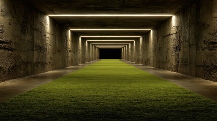 A unique low-angle shot of a vibrant green artificial turf field, resembling a soccer or football pitch, stretching into a long, dimly lit concrete tunnel or underground arena.