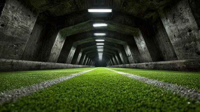 A unique low-angle shot of a vibrant green artificial turf field, resembling a soccer or football pitch, stretching into a long, dimly lit concrete tunnel or underground arena.