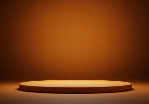 Minimalist warm orange circular stage podium with soft spotlight illumination on a gradient background