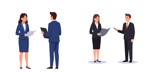 Obraz premium Businesswoman negotiating a contract with businessman in formal attire, vector, set, white background