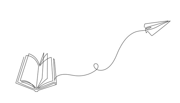 Continuous one line drawing of open book and flying paper plane. Minimalist concept of imagination, learning, and creativity. Vector illustration isolated on white background.