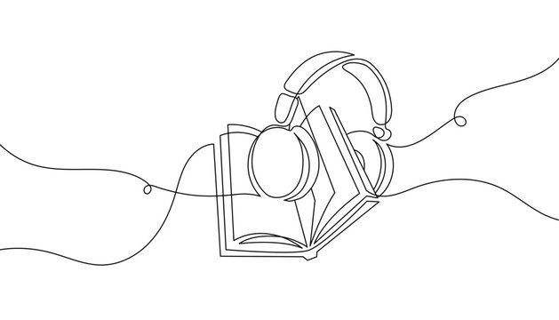 One line drawing of headphones and open book. Hand-drawn audiobook listening, education, and e-learning concept. Wireless gadget minimal contour. Vector illustration. Editable stroke.