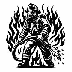 Fototapeta premium Brave Firefighter Battling Flames with Hose