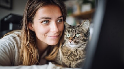 Une femme avec son chat réalise une téléconsultation vétérinaire pour le bien être de son animal de compagnie