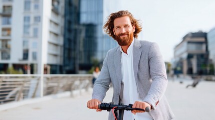 Un homme fait de la trottinette électrique dans un environnement urbain , un eco citoyen à la mobilité verte