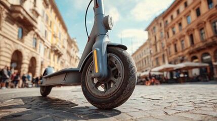 Une trottinette électrique en ville, moyen de locomotion urbain de la mobilité douce