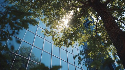RSE, Responsabilité sociétale et environnementale, un arbre vert se reflète sur les vitres d'un immeuble de bureaux d'entreprise