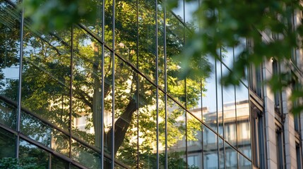 RSE, Responsabilité sociétale et environnementale, un arbre vert se reflète sur les vitres d'un immeuble de bureaux d'entreprise