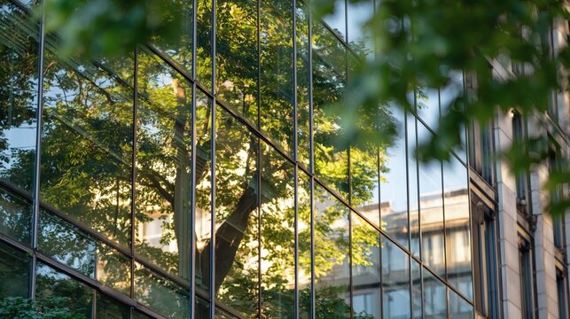 RSE, Responsabilit&eacute; soci&eacute;tale et environnementale, un arbre vert se refl&egrave;te sur les vitres d'un immeuble de bureaux d'entreprise