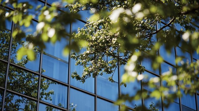 RSE, Responsabilit&eacute; soci&eacute;tale et environnementale, un arbre vert se refl&egrave;te sur les vitres d'un immeuble de bureaux d'entreprise