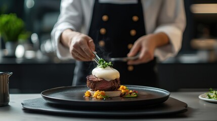 Chef Preparing Gourmet Dish on Elegant Plate in Modern High-End Kitchen Setting