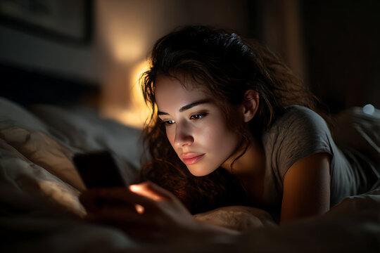 Young woman lying in bed at night illuminated by her smartphone screen