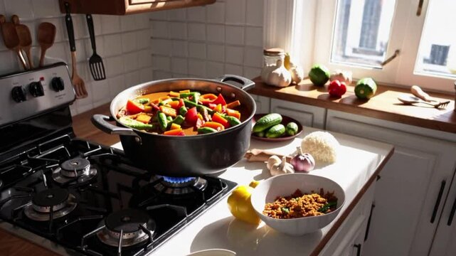 Vegetable curry simmering in pot with fresh ingredients
