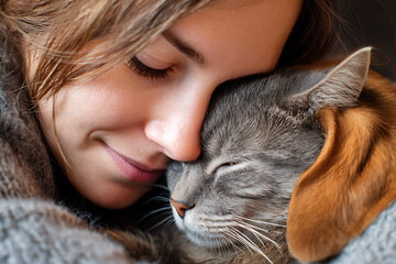 Woman gently nuzzles her beloved grey tabby cat with eyes closed in affection