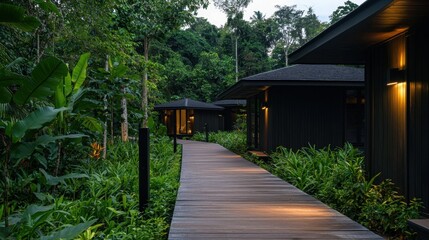 Luxurious Retreat Nestled in Lush Rainforest with Serene Pathway and Modern Architecture