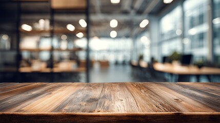 Rustic wooden table against a modern blurred office, offering ample space for products or presentations elegantly.