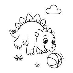Cute cartoon stegosaurus playing with ball. Black and white dinosaur coloring page for kids. Prehistoric animal and childhood fun concept