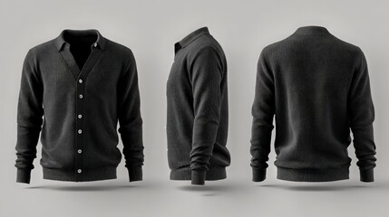 Black fine knit merino wool cardigan sweater mockup with button front shown in front, side, and back views on light grey background
