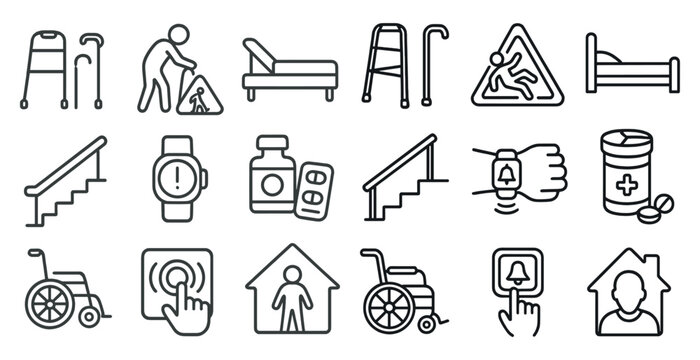 Series of icons depicting various medical and home care items. The icons include a wheelchair, a bed, a cane, a bottle, a watch, a stair rail, a bed, a bedside table, a bed, a bed