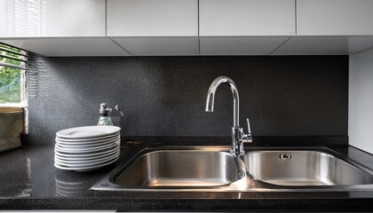 modern kitchen sink area featuring clean dishes on a black countertop