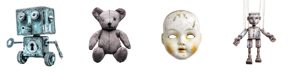 Creepy vintage toys set: robot, teddy bear, doll face and marionette puppet on transparent background