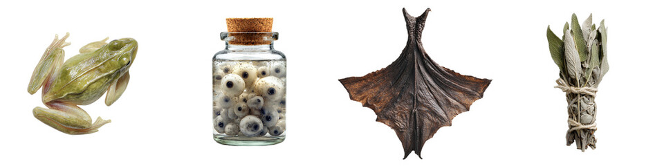 Naklejka premium Witch potion ingredients: skinned frog, jar of eyeballs, bat wing and sage bundle on transparent background
