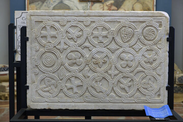 IXth-century marble relief from SS. Severo e Martirio, Orvieto, Italy, depicting geometric...