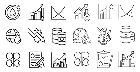 Set of icons that represent various economic concepts and trends. The icons include a graph, a dollar sign, a globe, and a pencil
