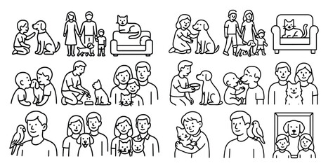 Series of black and white drawings of people and animals, including a man and a woman holding a cat, a man and a woman holding a dog, and a man and a woman holding a bird