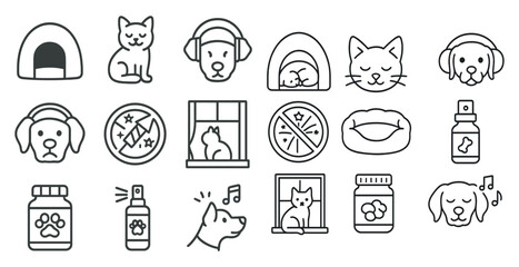 Set of dog and cat icons, including a dog with headphones, a cat with a bed, and a dog with a jar of peanut butter