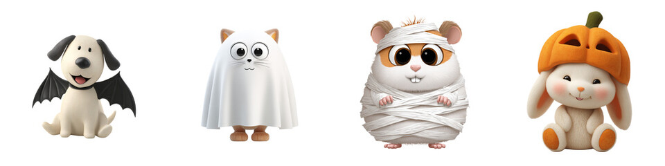 Bat-wing puppy, cat ghost costume, mummy hamster, bunny in pumpkin helmet isolated on transparent background