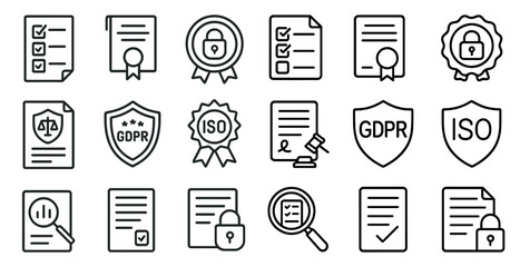 Set of icons for various legal documents, including a certificate of good standing, a certificate of compliance, and a certificate of good faith